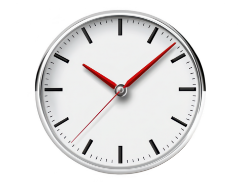 A classic wall clock with white face, black hour markers, and red hour and minute hands, symbolizing passage of time and punctuality