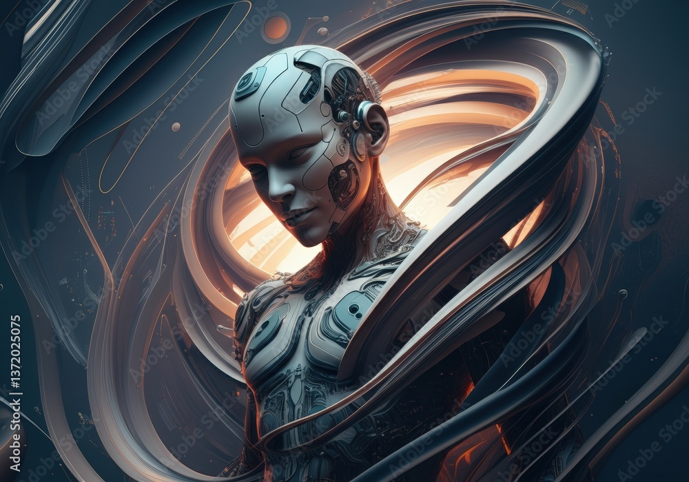 Poster futuristic humanoid robot with intricate circuitry and flowing energy patterns