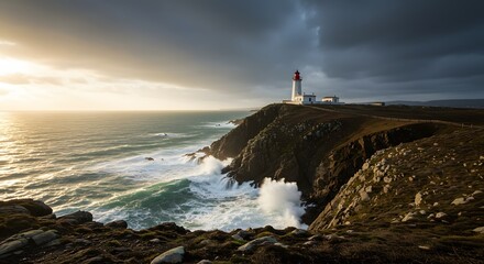 Obraz premium Lighthouse standing on dramatic cliffs as waves crash in the sea
