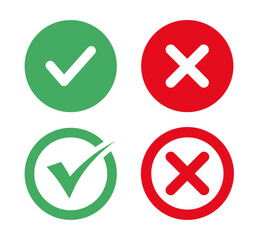 Check mark and cross mark icons set. Green check marks and red cross mark icon button.Green tick OK and red X cross. YES and NO. False and true, right and wrong. Correct and incorrect, accept-reject