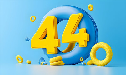 Bright Three-Dimensional Number 44 in Blue and Yellow Design