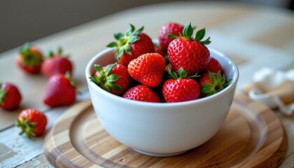 The ripe strawberries in the bowl exuded a delightful mixture of freshness and sweetness, their vibrant red color hinting at the burst of flavor that awaited with each juicy bite.