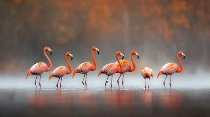 Naklejka premium Flamingos in a misty autumnal landscape