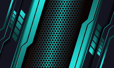 Obraz premium A high-tech background with a glowing hexagonal grid, metallic neon blue panels, and angular sci-fi elements, evoking a cyberpunk, digital, and advanced technology aesthetic.