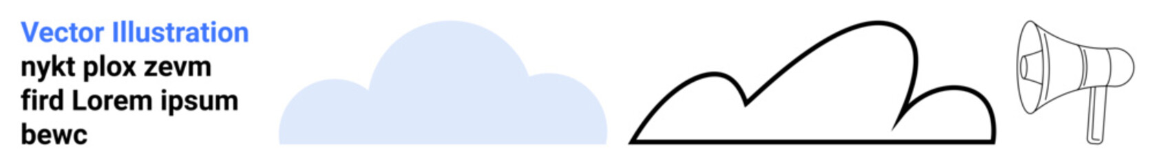 Blue cloud, black outline cloud, and loudspeaker represent communication, data sharing, cloud computing, and announcements. Ideal for technology, networking, cloud storage connectivity social