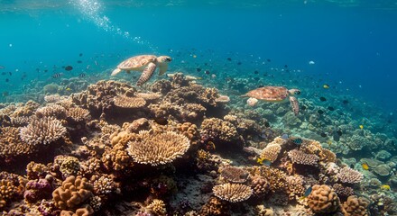 Fototapeta premium Sea Turtles swimming over a colorful reef in clear blue ocean