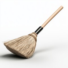 Beige Broom with Light Brown Wooden Handle on White Background