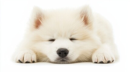 Obraz premium Cute White Samoyed Puppy Sleeping Peacefully on White Background