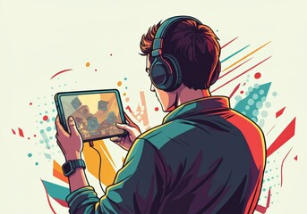 Young man enjoying music on a tablet with headphones, vibrant colors