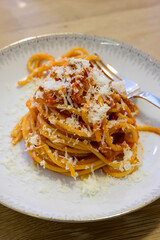Spaghetti Amatriciana Italian or Roman Pasta with Noodles, Tomato Sauce, Guanciale and Pecorino Romano Cheese