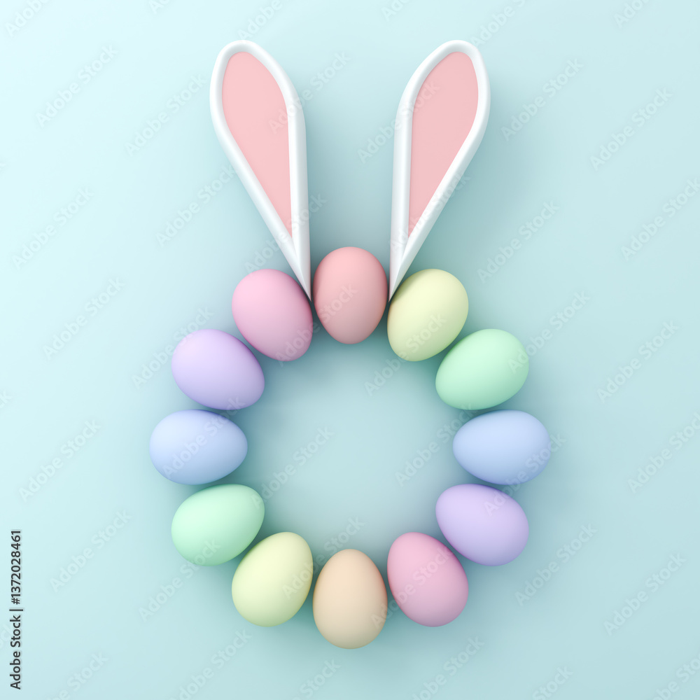 Aufkleber colorful bunny easter eggs on light blue green pastel color background with shadows and blank space 