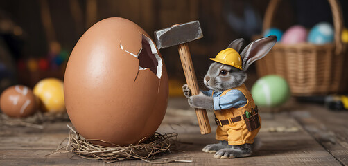 Bunny wearing helmet and overalls cracks open large egg in a whimsical Easter-themed workshop