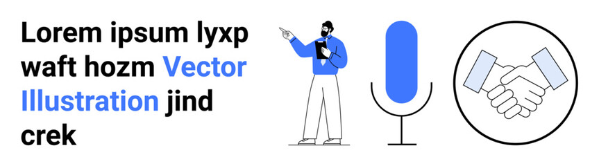 Person presenting with clipboard, large microphone icon, and handshake graphic. Ideal for business, collaboration, podcasting, public speaking, networking, leadership and simple landing page