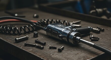 Naklejka premium Inspecting Chrome Automotive Connector Alongside Loose Bolts on Metal Surface