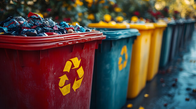 Gef&uuml;llte farbige Recyclingtonnen im Freien als Symbol f&uuml;r nachhaltige M&uuml;lltrennung
