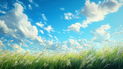 Lush Green Field under a Bright Blue Sky with Fluffy Clouds
