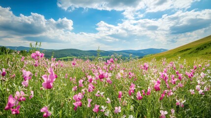 Vibrant Wildflower Meadow Under Blue Sky with Fluffy Clouds