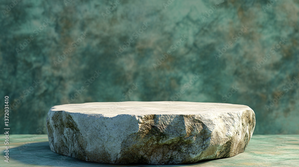 Poster a stone platform with a rough surface against a textured green backdrop in a studio environment