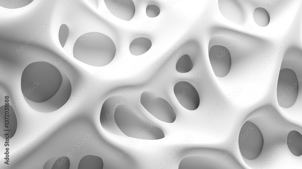 Poster abstract white porous structure with irregular holes and smooth surfaces in a close up view