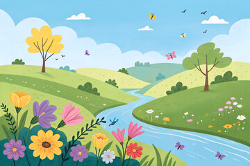 Fototapeta premium Beautiful Children’s Cartoon Nature Scene with Colorful Flowers, Flowing River, and a Clear Blue Sky for Illustration. Created with Generative AI technology.