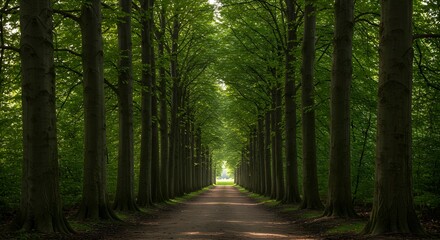 Obraz premium Serene path through a forest with tall trees and green canopy