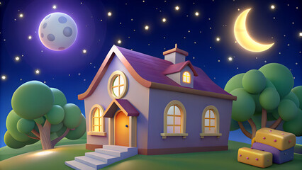 Fototapeta premium Charming Nighttime Cartoon Scene Featuring a Small house, Twinkling Stars, and a Calm Atmosphere. Created with Generative AI technology.