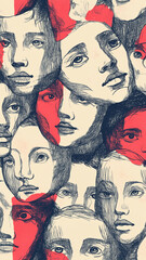 Dark ink pen sketches of expressive faces layered over bold red accents for artistic phone wallpapers.

