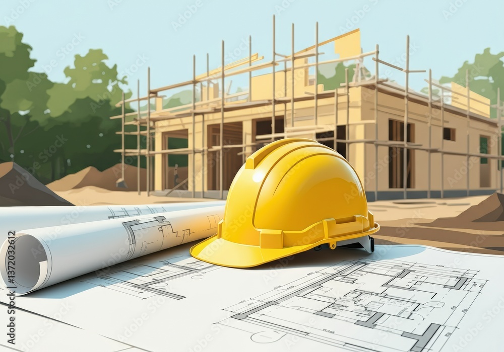 Poster yellow hard hat on blueprints at a construction site with a building in progress