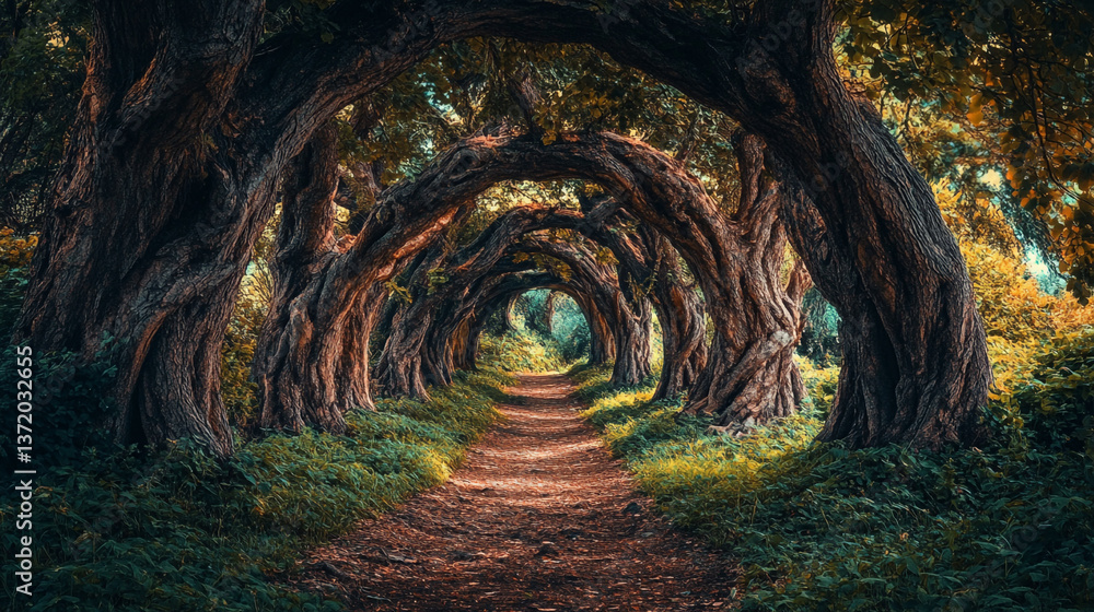 Poster a path through a forest with trees creating a natural tunnel of branches and green foliage above