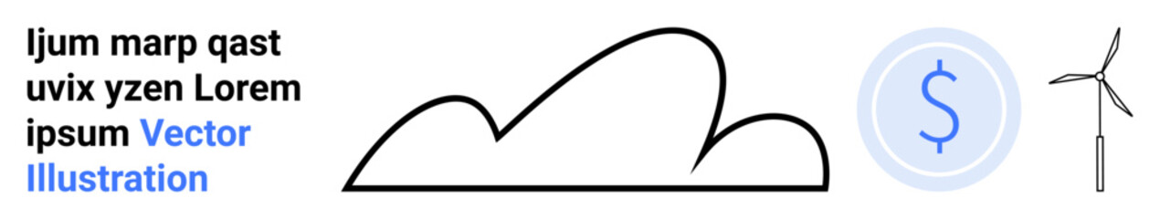 Cloud outline, renewable energy wind turbine, and coin suggesting financial benefits of clean energy. Ideal for technology, sustainability, innovation, renewable energy, green economy, eco-tech