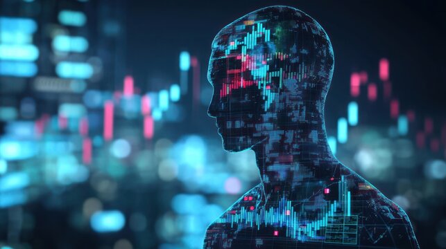 Digital human profile, city lights, data overlay - Powered by Adobe