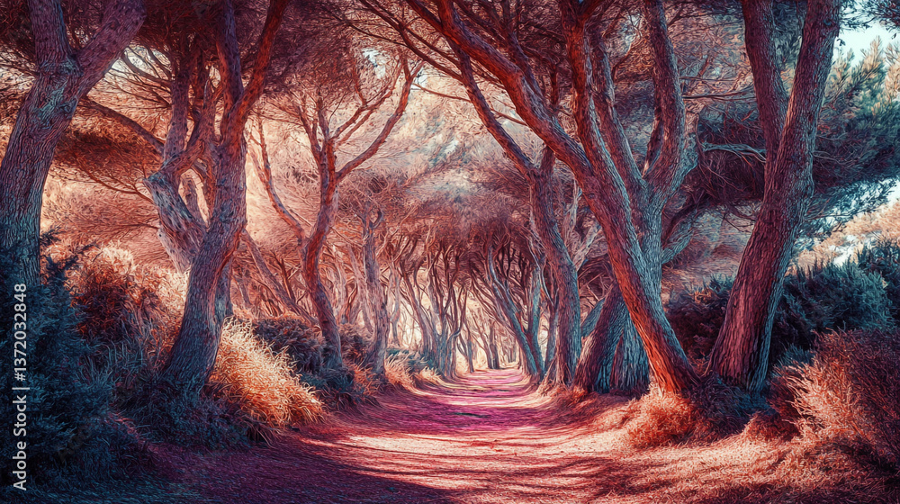 Aufkleber a scenic pathway through a forest with tall trees and vibrant colors creating a magical atmosphere v