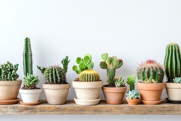 Assorted Cactus Plants Displayed on a Wooden Shelf Against White Wall