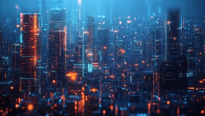 Fototapeta premium Digital Cityscape: Futuristic Metropolis with Glowing Towers and Neon Lights at Night, Illuminating a Modern Urban Landscape.