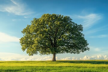 Green tree stands tall in a grassy field under a blue sky with white clouds. Perfect for concepts of nature, environment, or peacefulness themes.