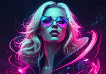 Fototapeta premium Futuristic woman with stylish sunglasses and vibrant neon colors