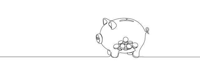 Continuous single line, financial illustration, piggy bank with coins inside. with transparent background editable stroke.