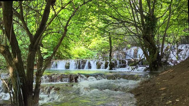 Faszinierende Sinterterrassen der Wei&szlig;en Lauter, ein beeindruckendes Naturwunder in Deutschland. Das klare Wasser flie&szlig;t in kleinen Kaskaden &uuml;ber die abgestuften Terrassen.