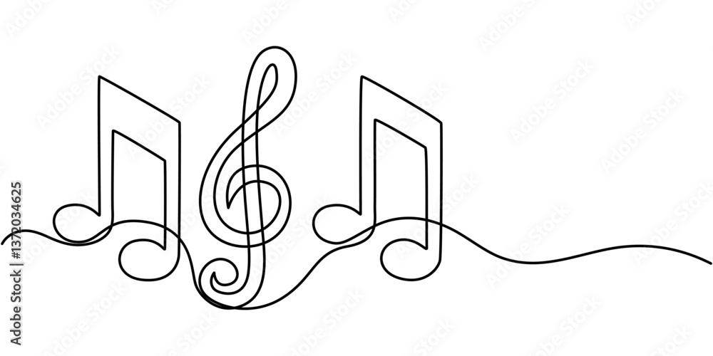 Poster music single line art, continuous one line drawing of isolated outline vector art, musical notes con
