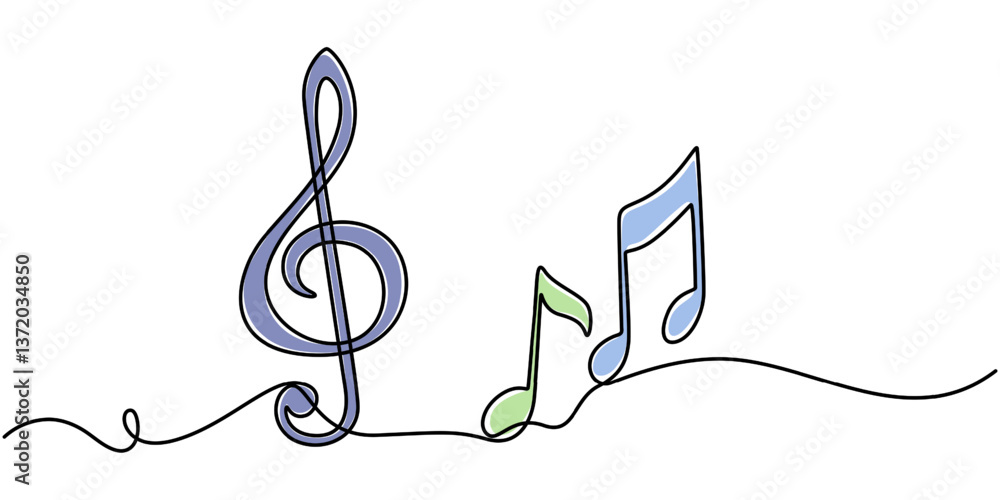 Poster music single line art, continuous one line drawing of isolated outline vector art, musical notes con