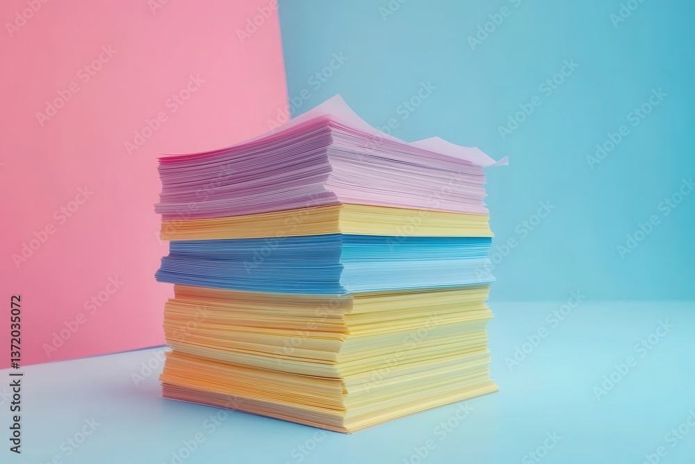 Poster stack of pastel paper sheets isolated on colorful background. it is perfect for organizing notes, or