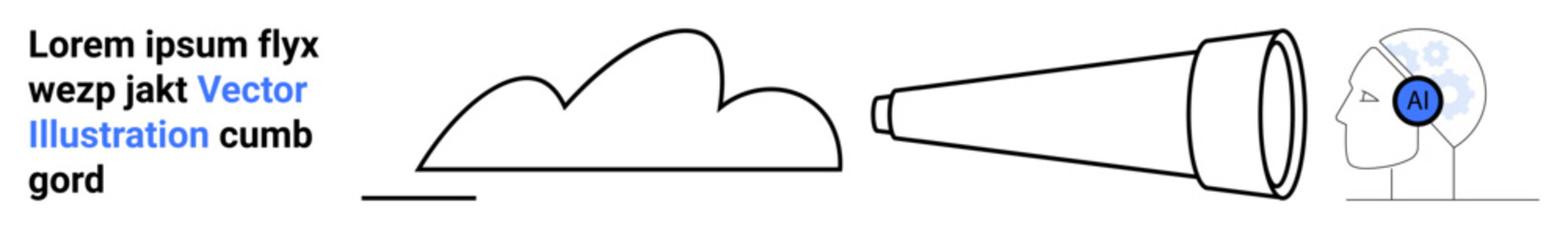 Telescope aiming at a cloud, head with AI symbol indicating innovation and technology. Ideal for science, AI research, exploration, creativity, futuristic design, inspiration, simple landing page