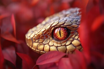 Fototapeta premium Snake eye in red leaves