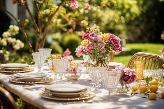 Elegant Garden Tea Party, Summer Outdoor Table Setting, Pink Floral Centerpiece, Vintage China Teacups, Sunlit Patio Dining, Romantic Afternoon Gathering, Dreamy Al Fresco Tablescape