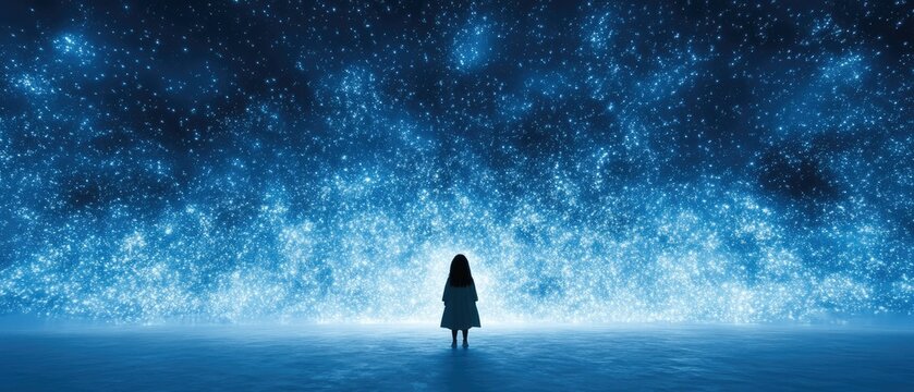 A lone girl gazes up at a wall of bright blue sparkling energy. A sense of awe and wonder is evoked