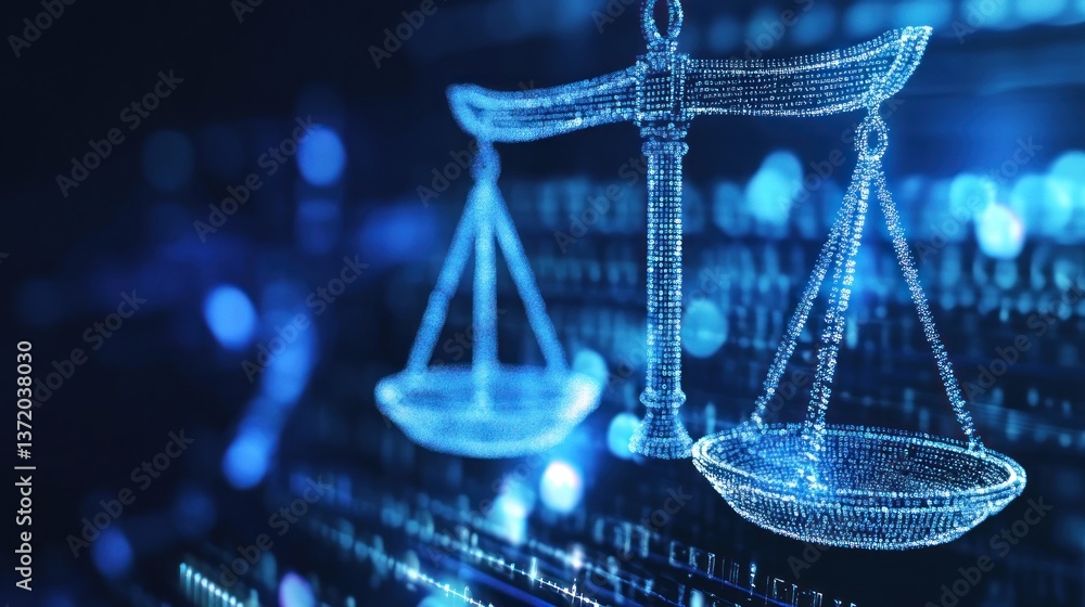Aufkleber digital scales of justice. a 3d holographic representation of a balance scale, floating over a matri