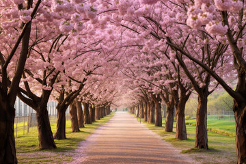 Cherry Blossom Tunnel, Pink Sakura Avenue, Spring in Japan, Natural Archway, Romantic Garden Pathway, Blooming Trees, Dreamy Flower Canopy, Peaceful Walking Path