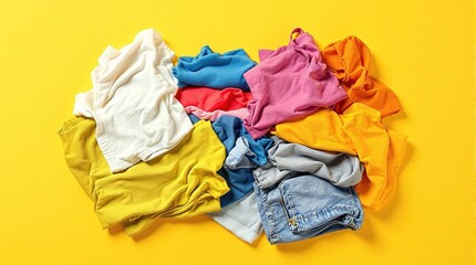 Pile of Unsorted Colorful Laundry on a Bright Yellow Background, Ready for Washing