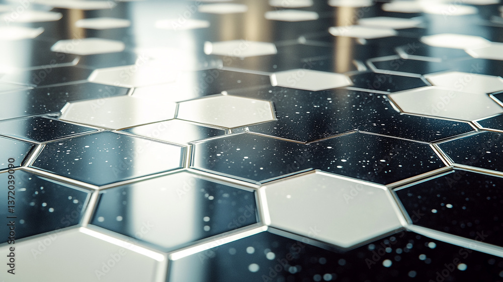 Aufkleber close up of a shiny black and white hexagonal tiled surface with speckled details and reflections
