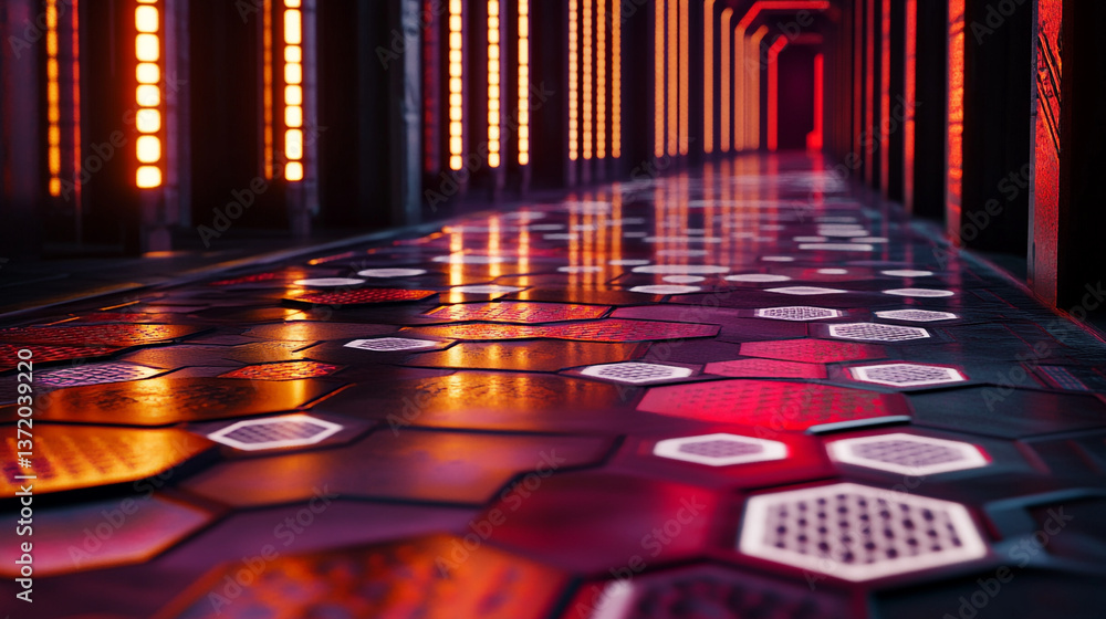 Poster illuminated corridor with hexagonal floor tiles and glowing vertical light fixtures on the walls
